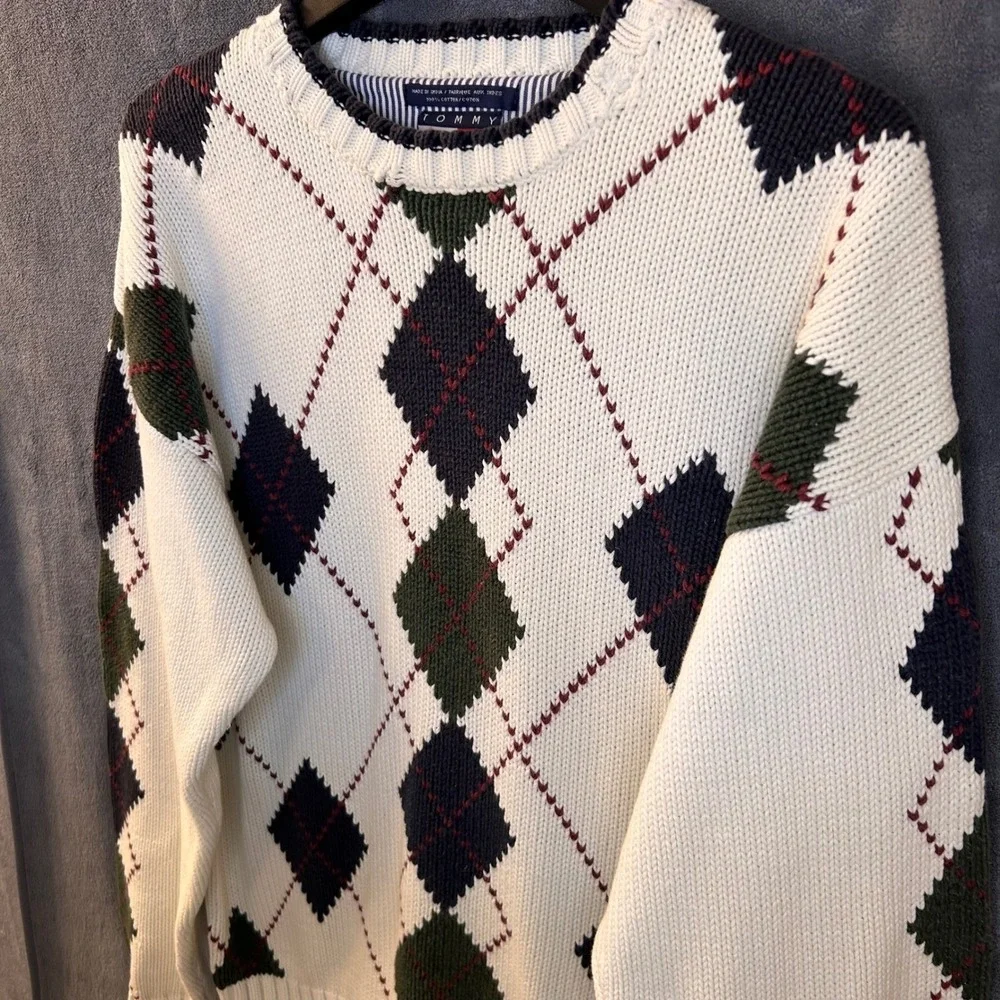 VTG Tommy Hilfiger Men's XL Argyle Heavy Knit Sweater Ivory Green Navy Cotton